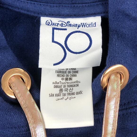 Disney‎ World 50 YEARS Hoodie Womans Medium Blue Rose Gold Cropped Drawstring - Picture 3 of 16